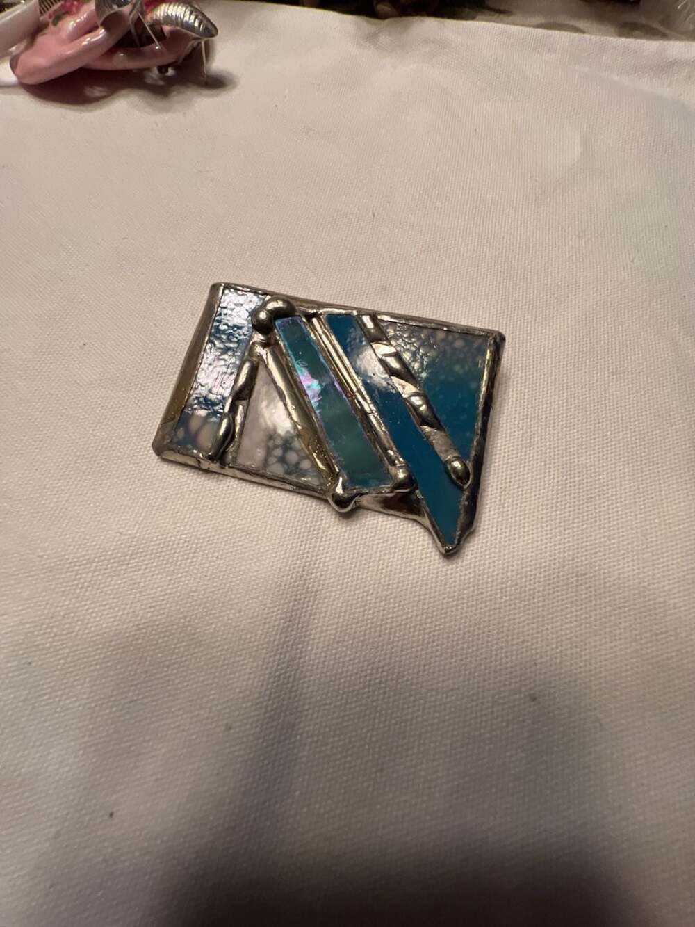 Vintage Handmade Abstract Blue Iridescent Stained Glass and Abalone Inlay Brooch